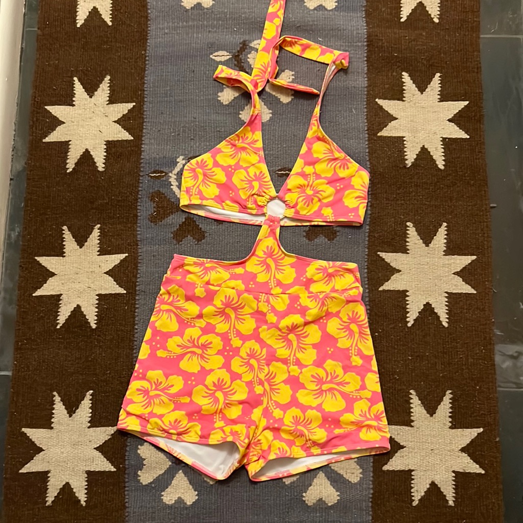 Hawaiian Print Hot Pink And Yellow Monokini